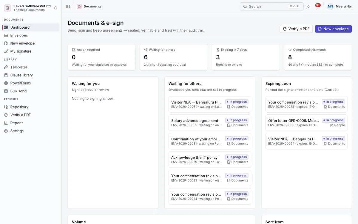 Documents and e-sign dashboard: envelopes waiting for others, documents expiring soon and recently completed envelopes.