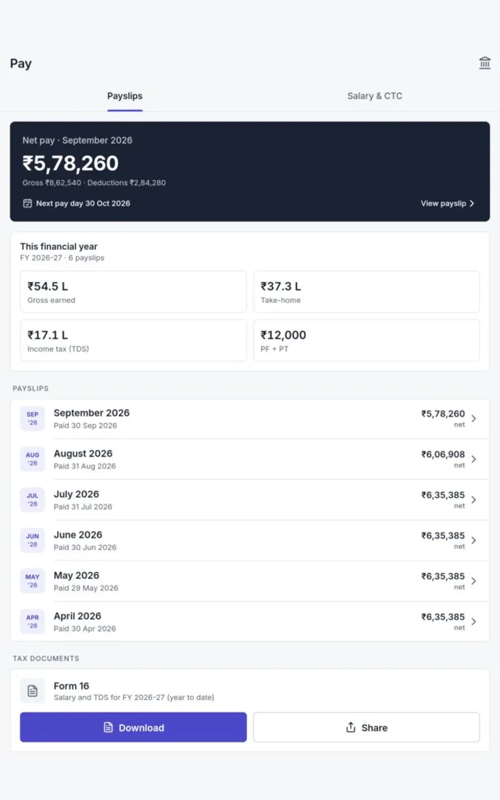 Mobile pay screen showing the latest net pay, earnings and tax for the financial year, monthly payslips and a Form 16 download.
