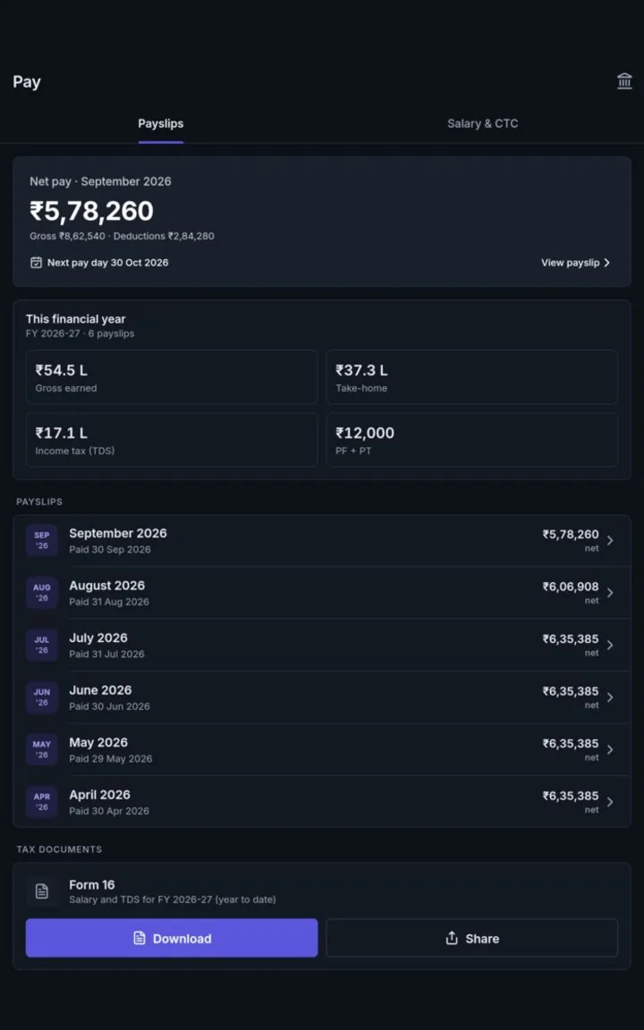 Mobile pay screen showing the latest net pay, earnings and tax for the financial year, monthly payslips and a Form 16 download.