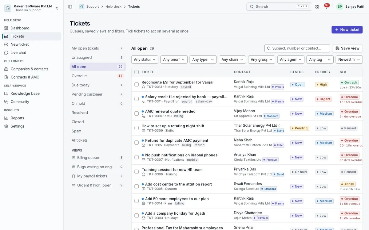 Support tickets list with saved views, filters, contacts, status, priority and SLA timers.